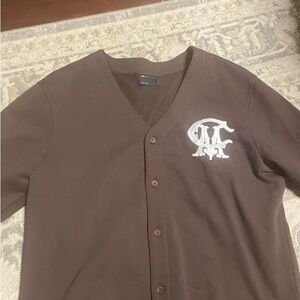 ASOS Brown V-Neck Button-Up Shirt boxy style Large